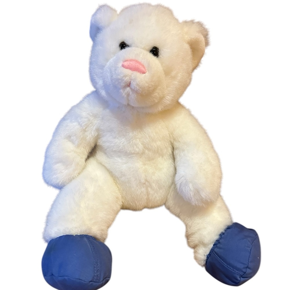 Vtg Retired Build A Bear White Teddy Removable Blue Slippers Pink Nose 2002 15"